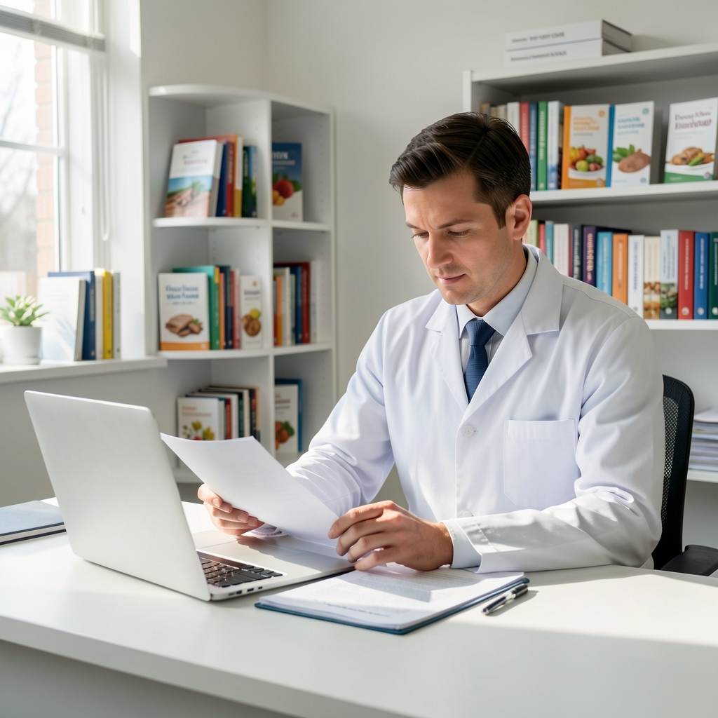 Koltun specialist reviewing research documents at a clean work desk with natural daylight and nutritional reference books visible on shelves