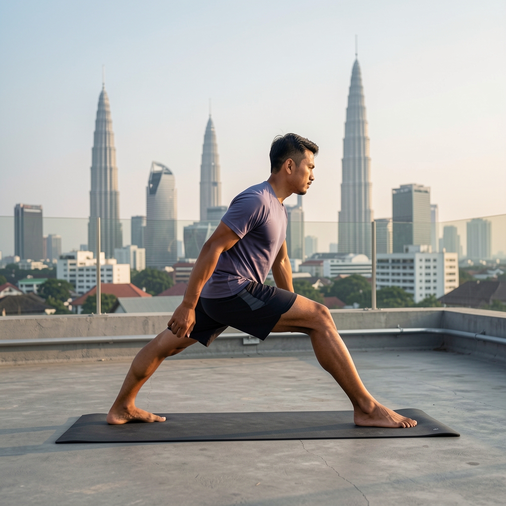 Indonesian man in active sportswear doing morning stretches on a rooftop with Jakarta skyline in background
