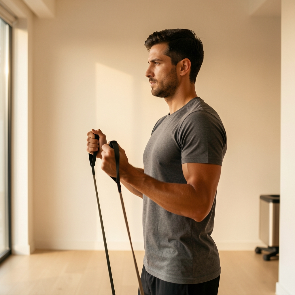 Side profile of a focused man doing controlled resistance band exercise in a clean minimalist gym interior with warm ambient light