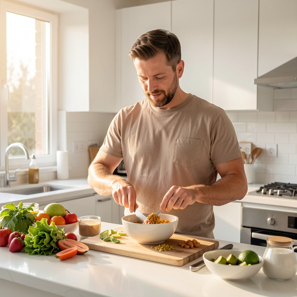 Man preparing a protein-rich morning meal in a bright modern kitchen with fresh ingredients on the counter and morning sunlight streaming in