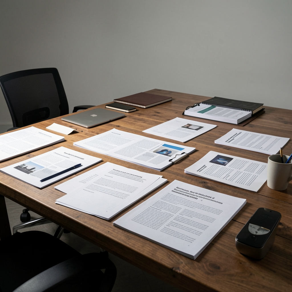 Structured editorial workspace with printed research documents spread across a large wooden table under controlled studio lighting in Jakarta