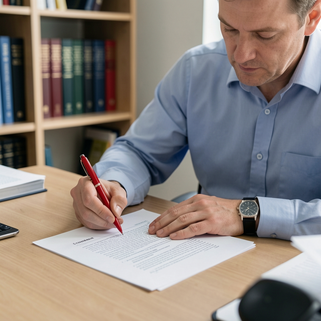 Koltun specialist annotating a printed research article at a desk with a red pen, with reference books visible in soft focus background