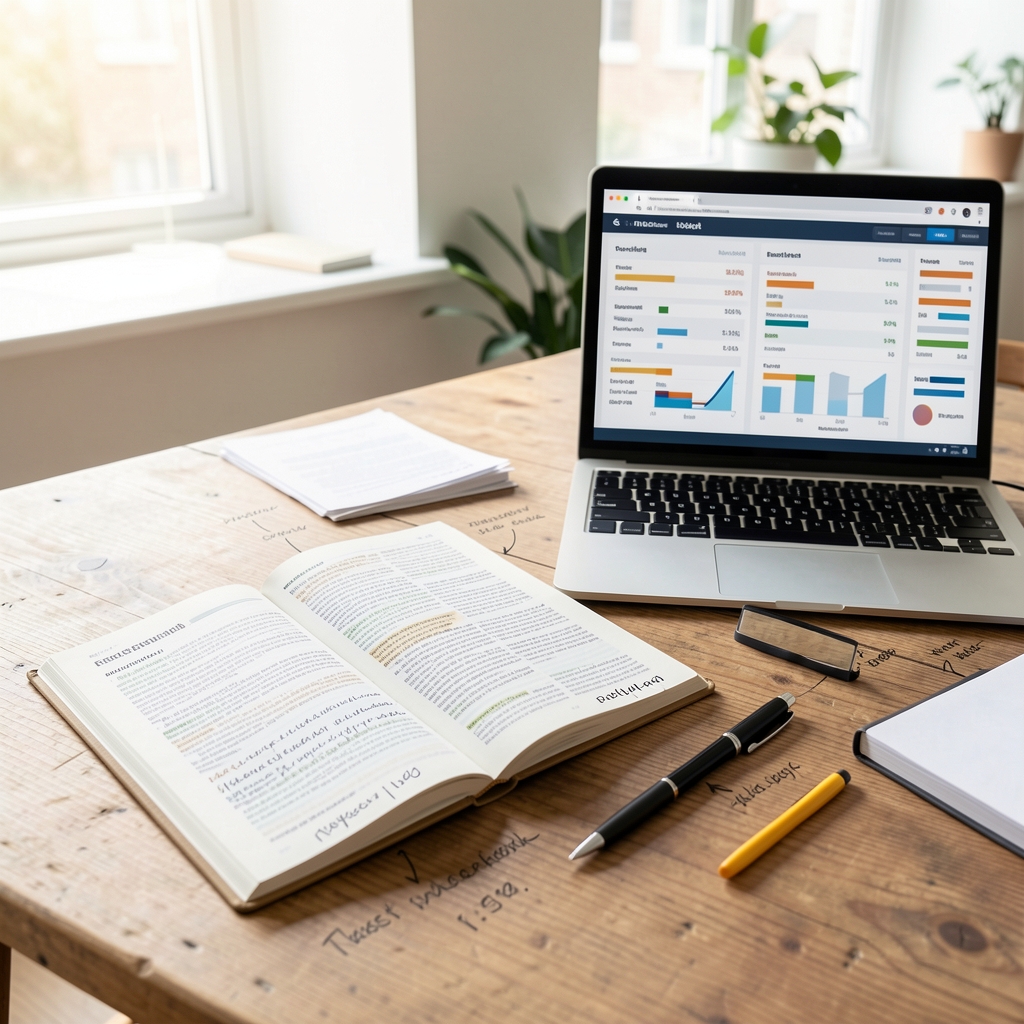 Open research journal spread on a wooden surface with written annotations alongside a laptop displaying nutritional data in a bright workspace
