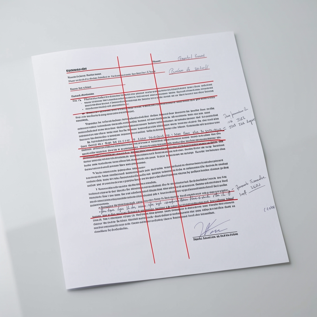 Printed article with red correction markings and handwritten notes visible on a clear desk surface under even studio lighting