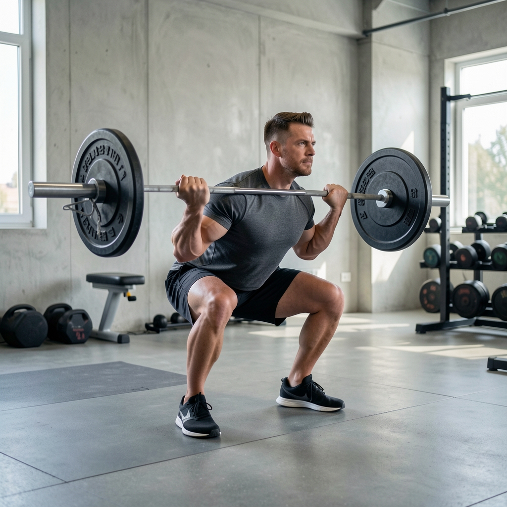 Man performing barbell back squat in a well-lit functional gym with clean concrete walls and natural light