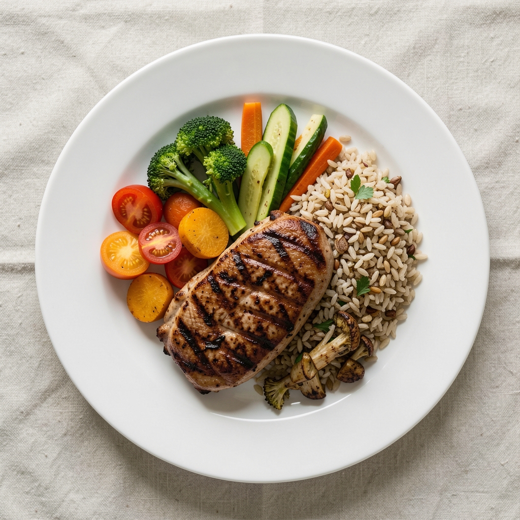 Overhead view of a balanced meal with grilled protein, vegetables, and whole grains on a white ceramic plate with natural daylight