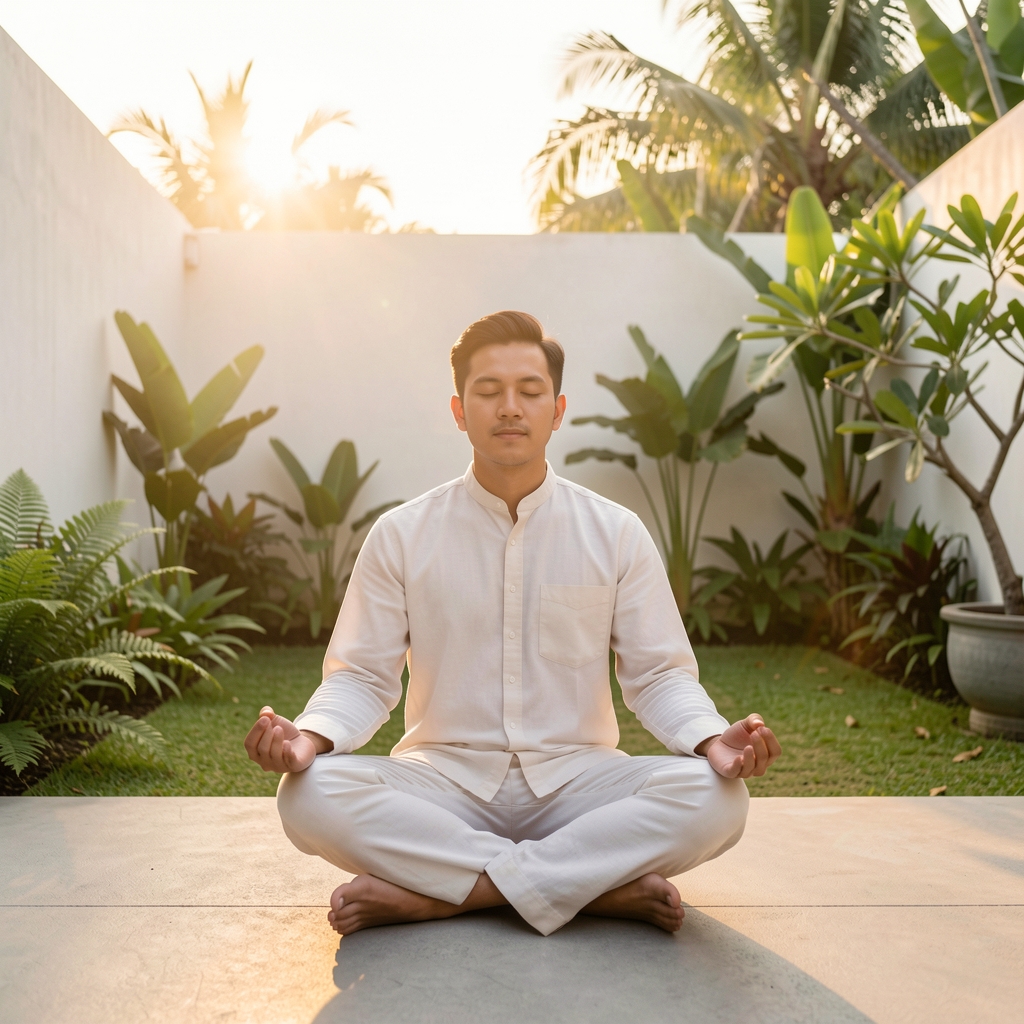 Man meditating in a minimalist outdoor space at dawn with soft golden morning light and calm Indonesian garden setting