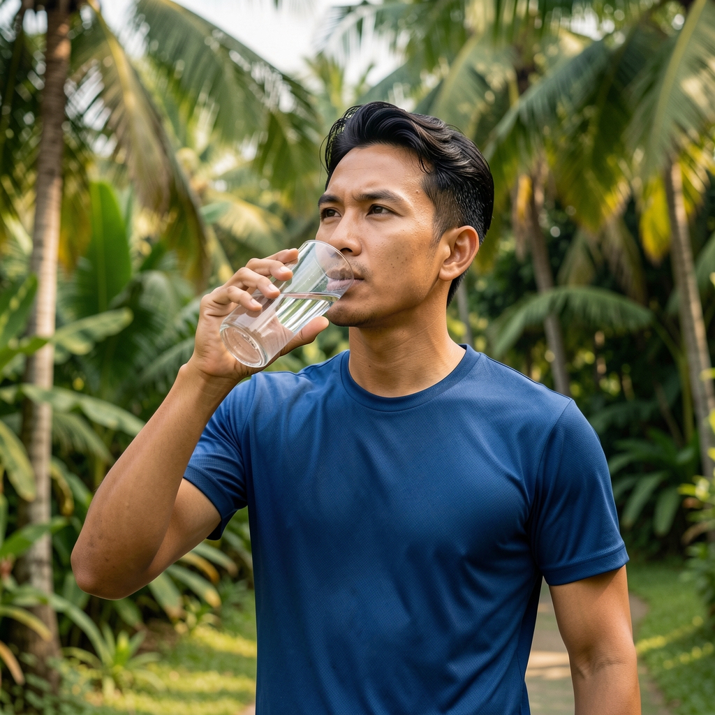 Man hydrating with a glass of water after outdoor morning run with tropical Jakarta greenery visible in the background