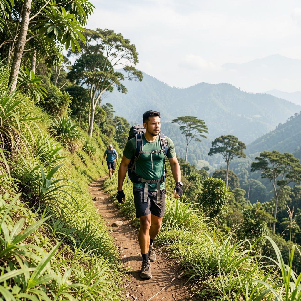 Man hiking on a scenic green mountain trail in Indonesia during weekend outdoor fitness activity with bright natural light