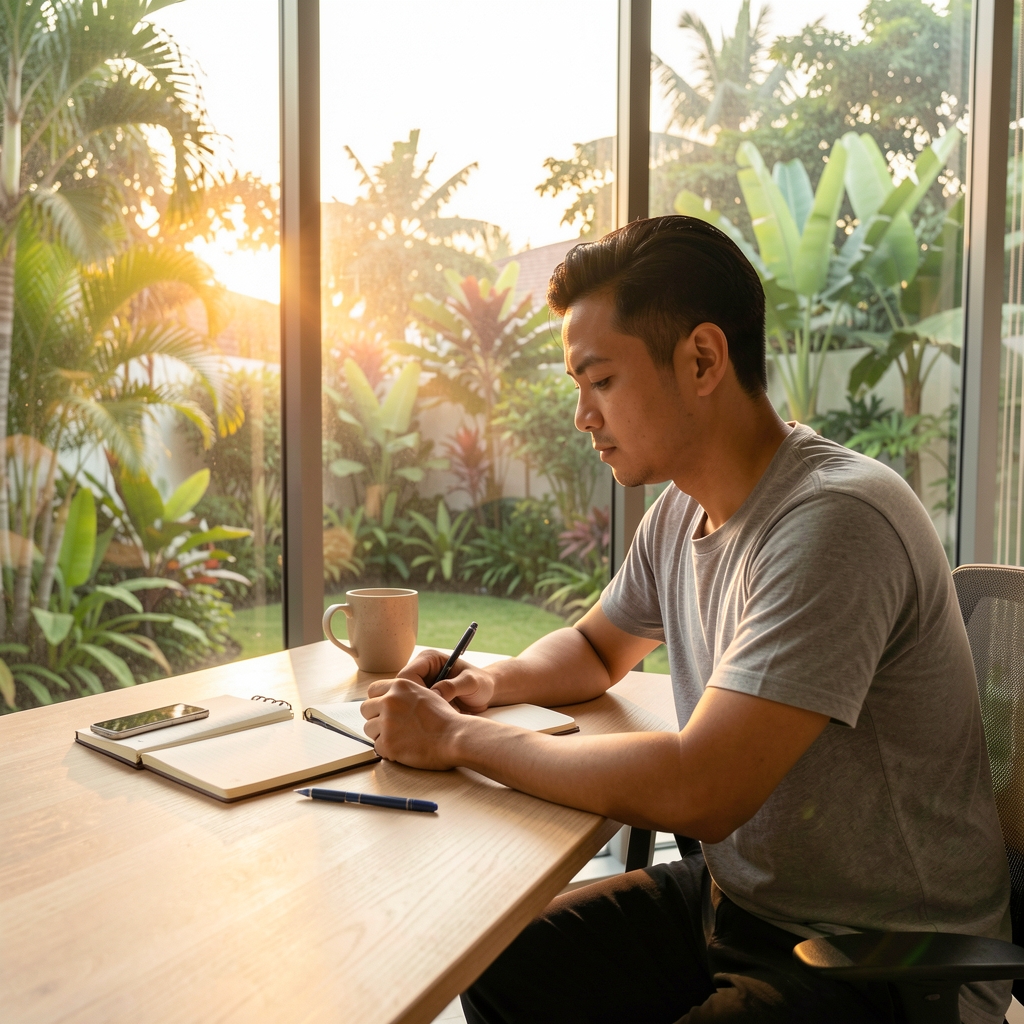 Man doing a structured morning routine including journaling and stretching at a light-filled desk overlooking a Jakarta garden at sunrise