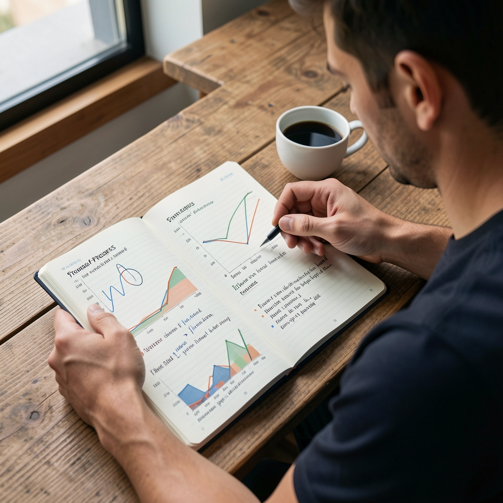 Man reviewing a structured fitness progress journal with charts and written notes on a wooden table next to a cup of black coffee