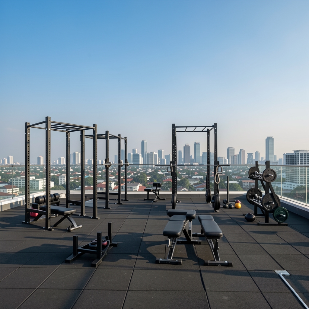 Wide-angle view of a Jakarta rooftop gym setup with functional training equipment, city skyline visible in the background, and clear blue sky