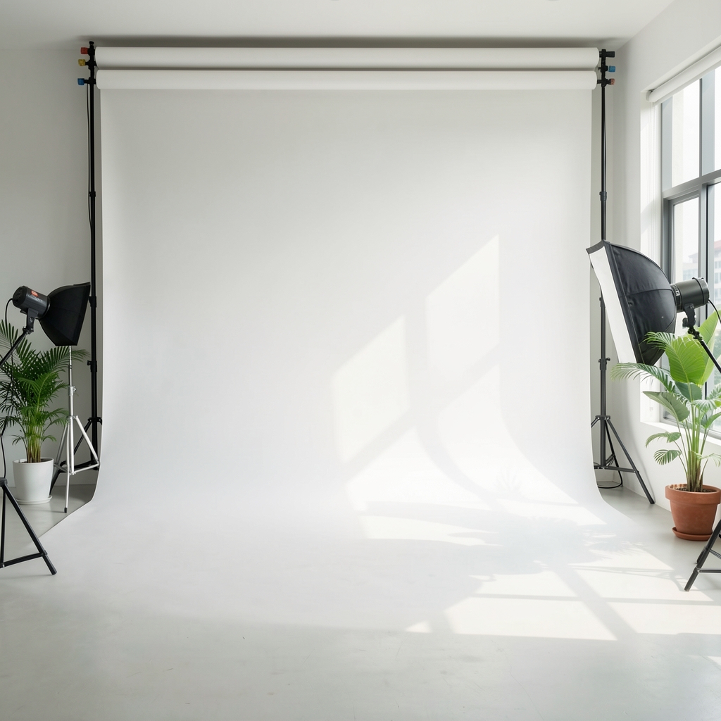 Bright editorial studio interior in Jakarta's Dharmawangsa district with white walls reference library and clean wooden work surfaces