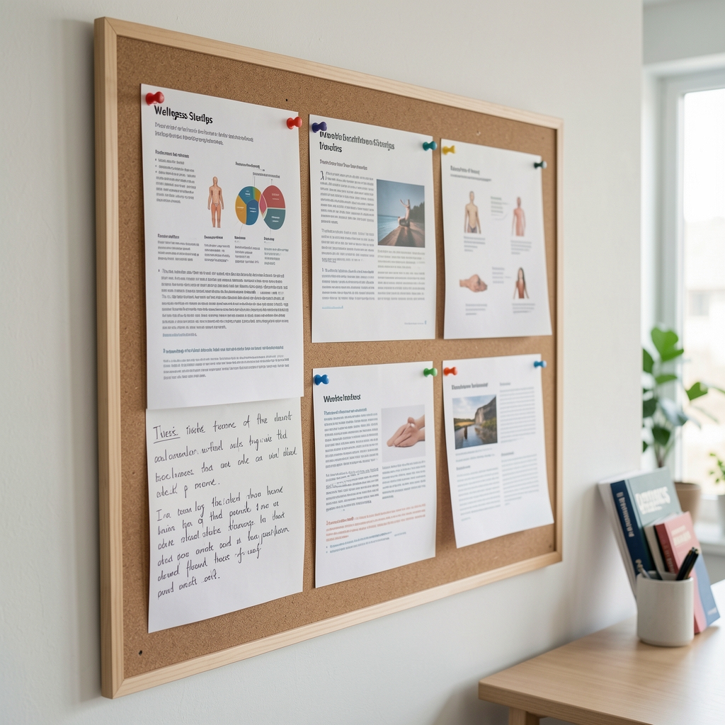Detail of a wall-mounted research board with printed wellness studies and handwritten notes in a clean editorial workspace