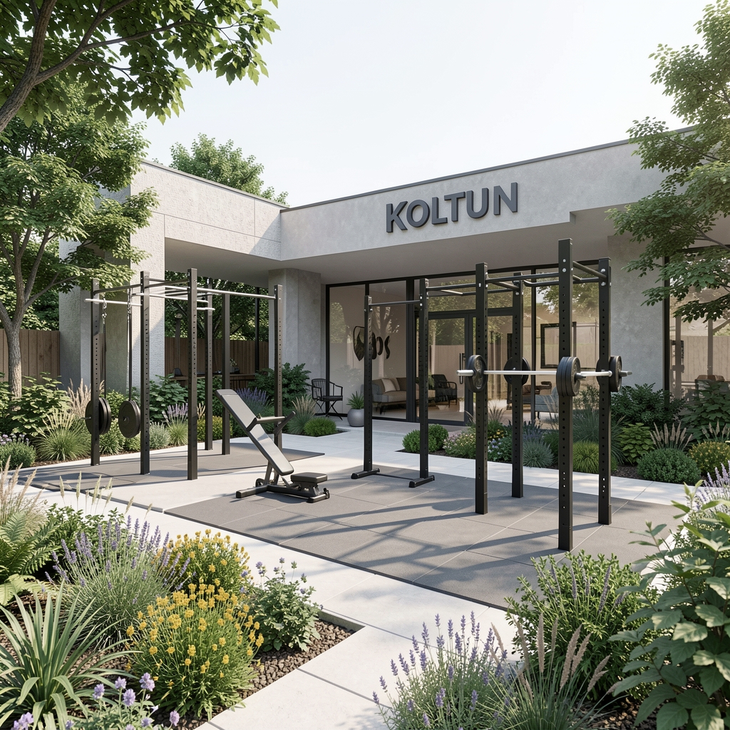 Outdoor testing area adjacent to the Koltun studio with functional fitness equipment and natural garden surroundings in South Jakarta